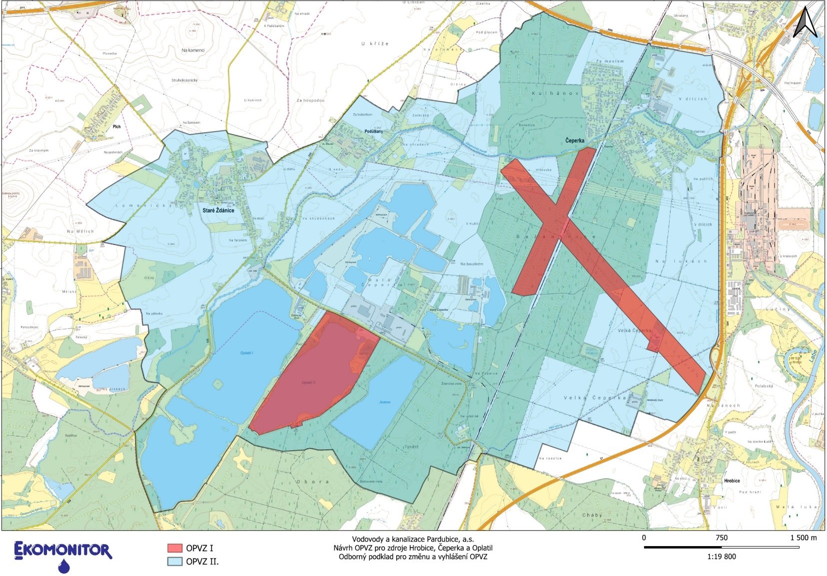 Obr.1: Navrhovaný rozsah ochranného pásma (I. stupeň červeně, II. stupeň modře)